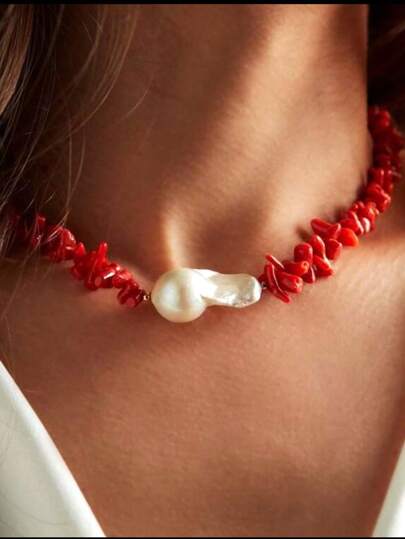 1PC Luxury Boho Retro Red Coral Natural Stones Handmade Pearl Necklace For Women Gift Box For Girls Summer Beach Collar