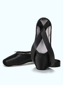 Girls Dance Shoes Pink Ballet Pointe Slippers Ballet Flats Shoes With Ribbons - Black - View 2