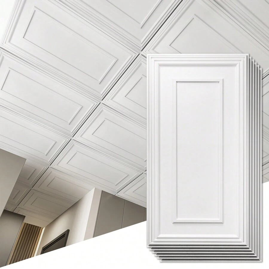 Art3d 24x48英寸落地式吊頂瓷磚，聚氯乙烯（PVC）粘貼式天花板瓷磚，12裝，96平方英尺 - 白色 - 查看 1