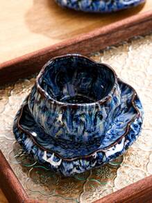 1 件创意莲花形陶瓷杯碟套装，反应釉咖啡杯，适用于茶、咖啡、牛奶、果汁，适用于户外、婚礼、派对、礼物、生日、圣诞节 - 藍色 - 查看 7