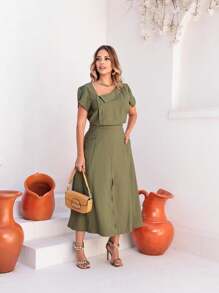Women Two-Piece Outfits - 軍綠色 - 查看 2