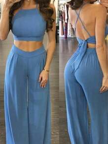 conjunto de top y pantalón holgado - Azul - Ver 2