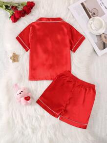 Young Girl Contrast Piping Top & Shorts Satin PJ Set - Red - View 2