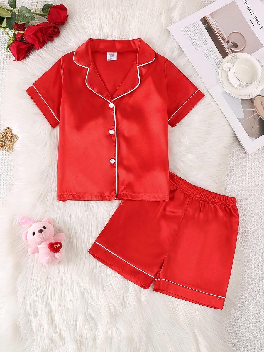 Young Girl Contrast Piping Top & Shorts Satin PJ Set - Red - View 1