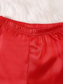 Young Girl Contrast Piping Top & Shorts Satin PJ Set - Red - View 7