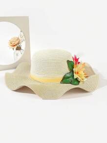 1 Stück handgemachter Damen Sonnenhut mit breiter Krempe und Blumenmuster, Sonnenschutz für Strandurlaub und Mode - A - Übersicht 6