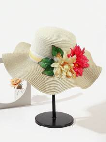 1 Stück handgemachter Damen Sonnenhut mit breiter Krempe und Blumenmuster, Sonnenschutz für Strandurlaub und Mode - A - Übersicht 3