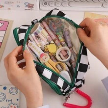 2024年新款格子圖案可攜帶大容量鉛筆盒，高美學日本風少女文具收納袋 - 彩色 - 查看 4