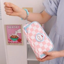 2024年新款格子圖案可攜帶大容量鉛筆盒，高美學日本風少女文具收納袋 - 彩色 - 查看 6