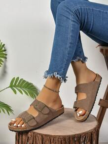 女士金屬扣復古麂皮平底涼鞋，柔軟墊底增加舒適行走感，可調節帶配以圓頭和木質軟木底，適用於沙灘、戶外活動和休閒，夏季巧克力棕色拖鞋 - 巧克力棕 - 查看 3