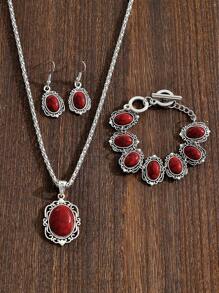 1套時尚復古波西米亞風格的藍寶石幾何圖案飾耳、2入組手鍊、1條項鍊首飾套裝，適合追求時尚感的女性和女孩，在約會、派對、旅行和日常穿搭中作為裝飾性配件 - 紅色 - 查看 2