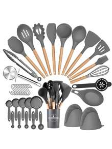 36入組,36入組矽膠廚房烹飪器具,耐高溫烹飪用具套裝,附木製手柄烹飪用品,不粘廚房小工具,包括刮刀勺子,披薩刀,廚房物品清理廚房配件家庭廚房物品