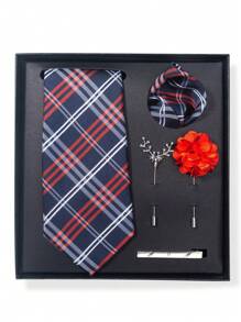 AlanKing 一套男士领带、口袋巾和新郎胸针，适合正式商务和婚礼装饰，学校情人节情人节男士领带