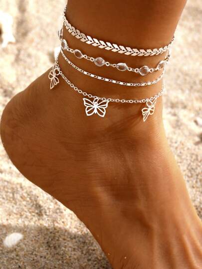 4pcs Chic And Elegant Butterfly Pendant Women's Multi-Layer Anklet, Ideal For Summer
