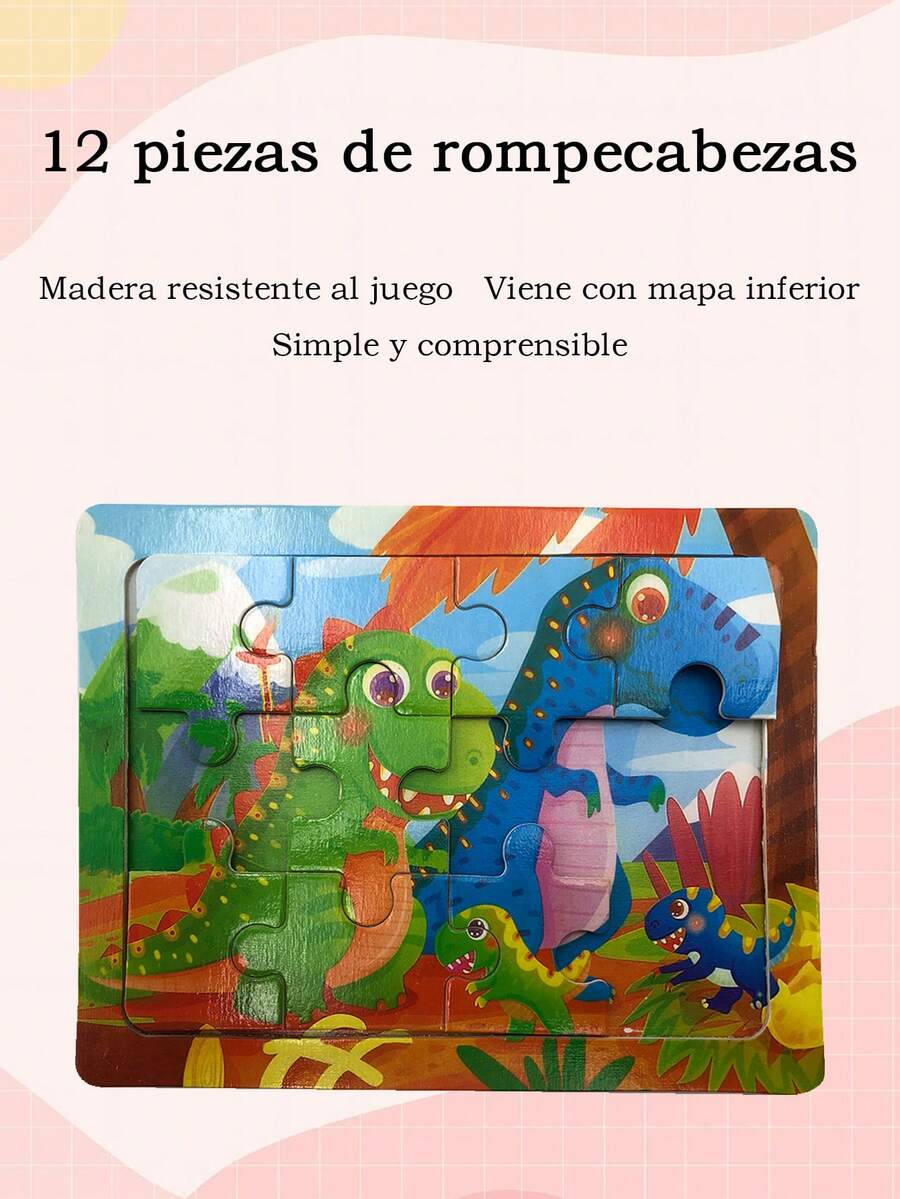 Rompecabezas de madera de 12 piezas, juego de rompecabezas con diseño de dibujos animados, rompecabezas para niños, rompecabezas educativo para niños - dinosaurio - Ver 1