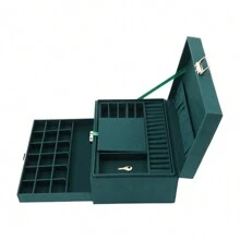 Schmuckkästchen 3 Ebenen Schmuckkasten mit Schubladen und Uhrenablagefach Mädchen Geschenk Schmuckaufbewahrung Reise für Damen Flanell für Ringe, Ohrringe, Halsketten und Uhren, Dunkelgrün 24x17x11cm