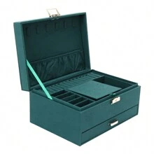 Schmuckkästchen 3 Ebenen Schmuckkasten mit Schubladen und Uhrenablagefach Mädchen Geschenk Schmuckaufbewahrung Reise für Damen Flanell für Ringe, Ohrringe, Halsketten und Uhren, Dunkelgrün 24x17x11cm