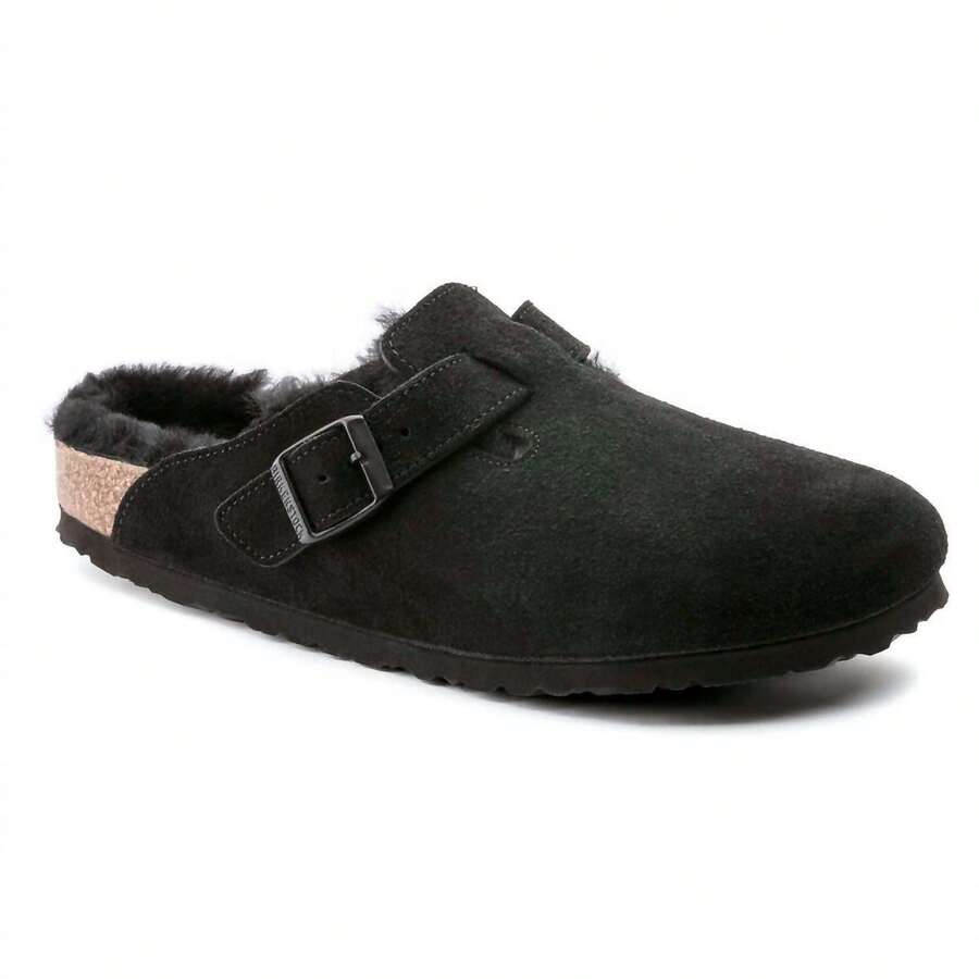 Birkenstock Zuecos de borreguillo de Boston para mujer - Ancho estrecho en negro - Negro - Ver 1