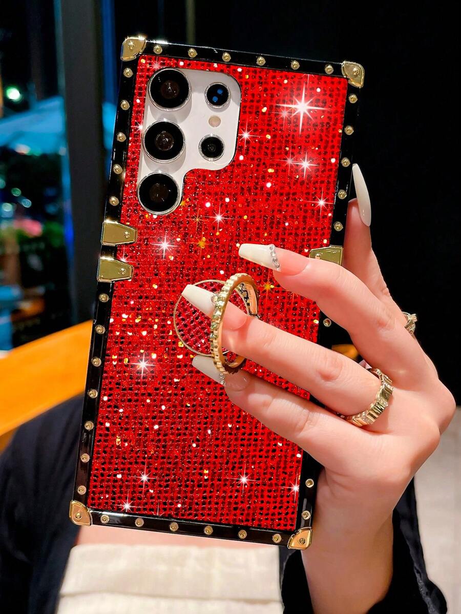 1pc Glitter Pattern Shockproof Phone Case With Ring Holder Stand, Compatible With IPhone 17 Pro Max/17 Air/16/16PLUS/16PRO/16PROMAX/8Plus/XR/XSMAX/11/11Pro/11ProMax/12/12Pro/12ProMax/13/14/14Pro/14Plus/14ProMax/15/15Pro/15Plus/15ProMax And Galaxy S25 FE/A17/A07/S24FE/S23 FE/S20+/S20U/S21U/S22U/S23U/S24 Ultra 5G/Note20 Ultra/Note10+/A04E/A05/A12/A13 4G/A14/A15/A22/A23/A34/A52/A53,International Version, Not The Domestic Version