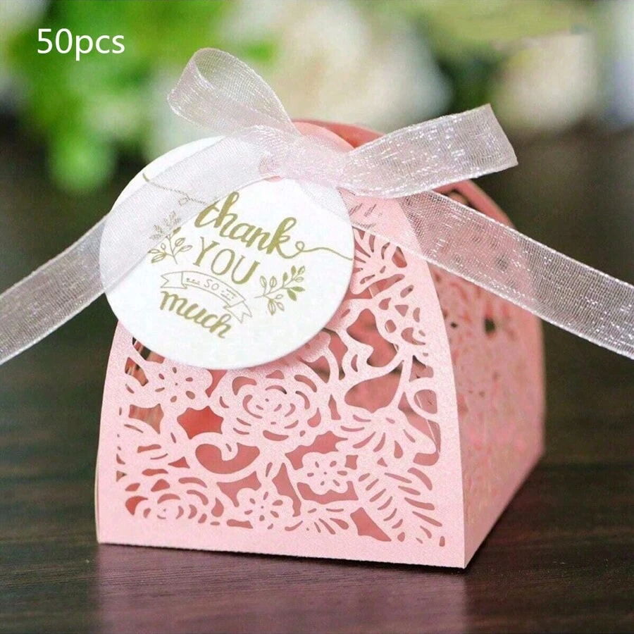 50 件粉红玫瑰糖果盒，带感谢标签，激光切割巧克力礼盒，适用于婚礼、情人节、生日、派对、礼品装饰、圣诞节情人节