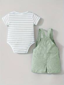 Baby Boy Striped Short Sleeve Bodysuit And Overall Pants 2Pcs Set, Summer - Green - View 2