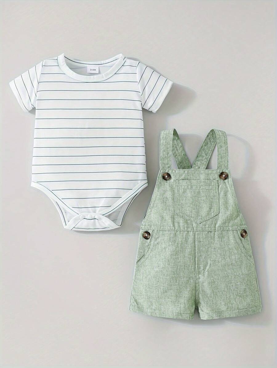 Baby Boy Striped Short Sleeve Bodysuit And Overall Pants 2Pcs Set, Summer - Green - View 1