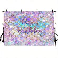 Fondo de cumpleaños de sirena, Pan de fondo con brillantina dorada con escamas de sirena para decoración de fiesta temática debajo del mar, pancarta de foto de cumpleaños con concha de mar púrpura degradado - escamas - Ver 3