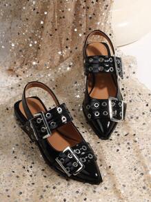 Women Metal Double Buckle Belt Decor Chunky Low Heel Comfort Pointy Toe Pumps Punk Back Strap Single Flat Shoes - màu đen - Xem 6