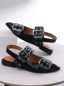 Women Metal Double Buckle Belt Decor Chunky Low Heel Comfort Pointy Toe Pumps Punk Back Strap Single Flat Shoes - màu đen - Xem 2