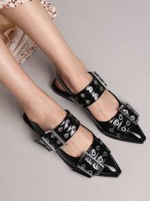 Women Metal Double Buckle Belt Decor Chunky Low Heel Comfort Pointy Toe Pumps Punk Back Strap Single Flat Shoes - màu đen - Xem 1
