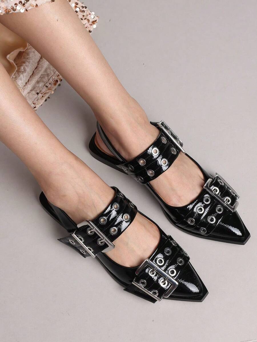 Women Metal Double Buckle Belt Decor Chunky Low Heel Comfort Pointy Toe Pumps Punk Back Strap Single Flat Shoes - màu đen - Xem 1
