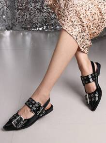 Women Metal Double Buckle Belt Decor Chunky Low Heel Comfort Pointy Toe Pumps Punk Back Strap Single Flat Shoes - màu đen - Xem 4