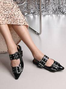 Women Metal Double Buckle Belt Decor Chunky Low Heel Comfort Pointy Toe Pumps Punk Back Strap Single Flat Shoes - màu đen - Xem 3
