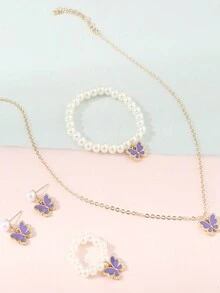 5 piezas / Conjunto de joyas colgante de mariposa para niñas, Incluyendo collar, pulsera, anillo, aretes - A - Ver 4