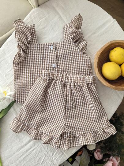 Baby Girls Plaid Clothes Short Set Summer Cute Baby Girl Ruffle Clothing Top Sets Baby Girls Cute Outfit