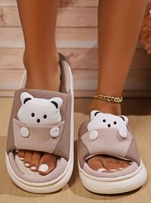 1雙女式可愛卡通熊棉麻拖鞋，卡其色，室內防滑平底家居鞋 - 卡其色 - 查看 2
