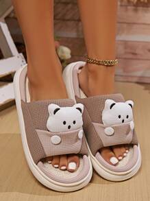 1雙女式可愛卡通熊棉麻拖鞋，卡其色，室內防滑平底家居鞋 - 卡其色 - 查看 3