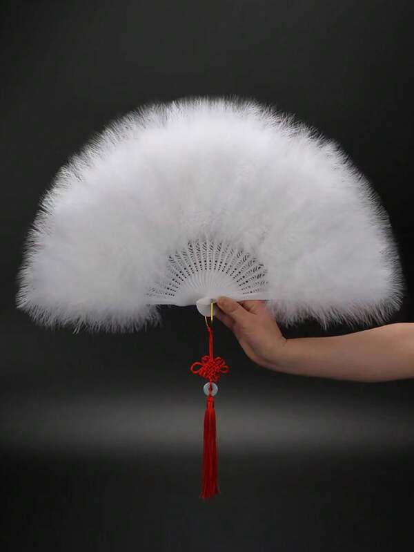 1 Pc Women's Multi-Color 25-Rib Vintage Thick Feather Hand Fan, Suitable For Stage Performance, Party, Holiday, Street Style, Foldable