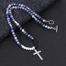 Men's Stainless Steel Tiger Eye Beaded Cross Pendant Necklace - Silver - View 4