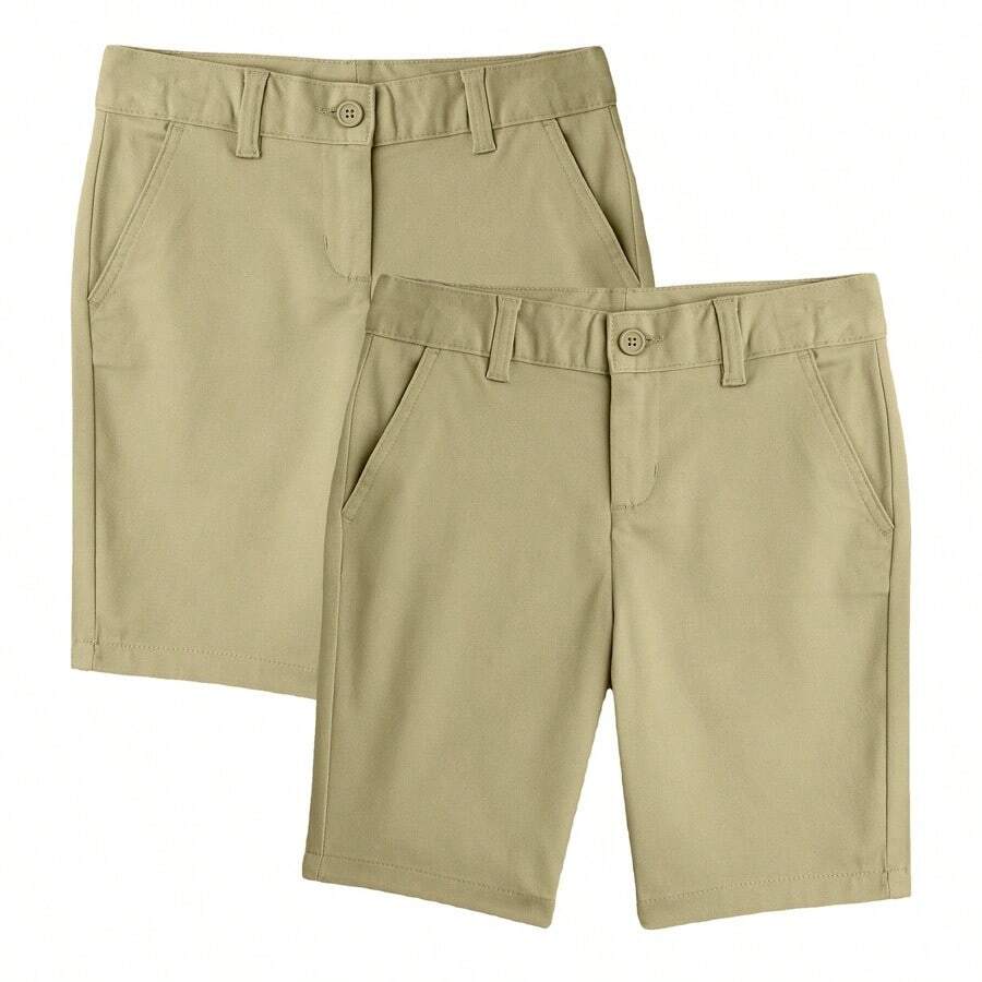 Boys Flat Front Stretchable Twill Chino Uniform Shorts (2-Pack) - 卡其色&卡其色 - 查看 1