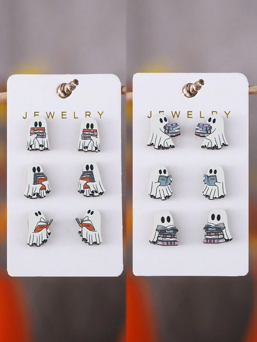 Ensemble de 3 paires de boucles d'oreilles de fantômes de livre mignons pour Halloween pour femmes, clous d'oreille vintage en bois gothique pour la soirée d'Halloween, cadeau pour amateur de livres pour Halloween
