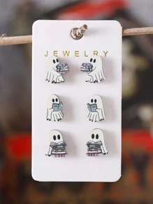 Ensemble de 3 paires de boucles d'oreilles de fantômes de livre mignons pour Halloween pour femmes, clous d'oreille vintage en bois gothique pour la soirée d'Halloween, cadeau pour amateur de livres pour Halloween