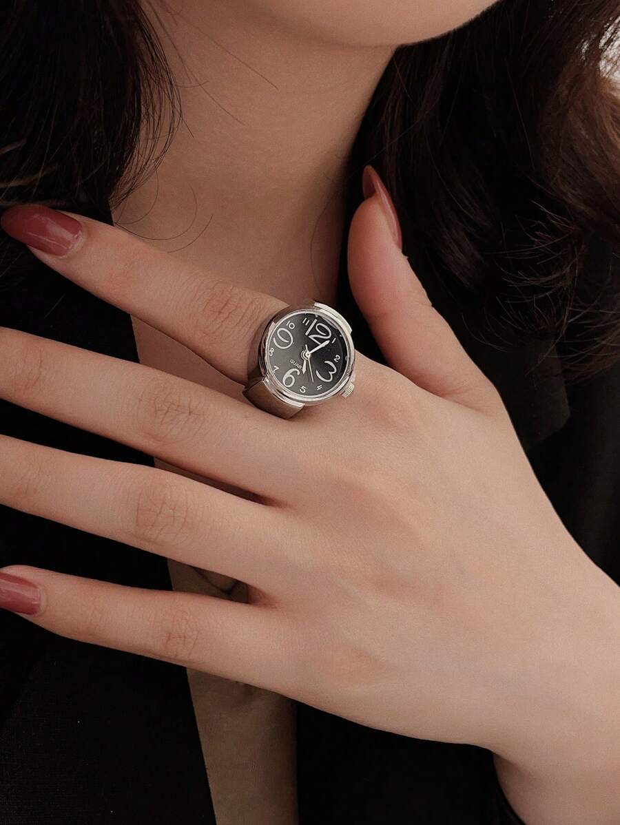 Fashion Black Quartz Watch Design Silver Color Ring For Women Men - Black - View 1