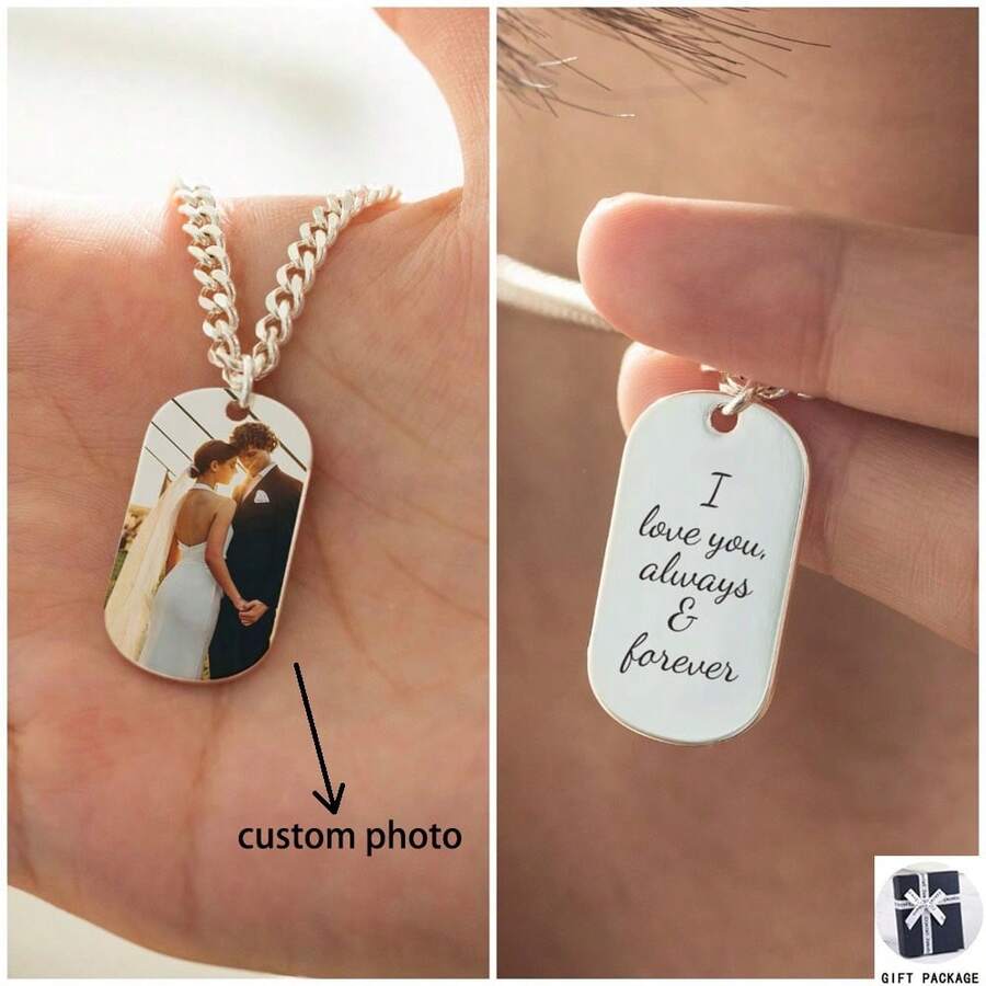 Vòng cổ hình ảnh tùy chỉnh, Mặt dây chuyền thẻ chó, Vòng cổ ID quân đội, Quà tặng sinh nhật/kỷ niệm cá nhân cho bạn trai/bạn gái, Quà tặng tình bạn tốt nhất, Vòng cổ cặp đôi - Bạc - Xem 1