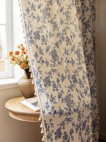 1pc Elegant Vintage Floral Printed Curtain, Beige Tassel Semi-Sheer Kitchen Short Curtain, Room Divider, Suitable For Home, Bedroom, Study, Living Room, Balcony, Terrace, Window Decoration, All Season