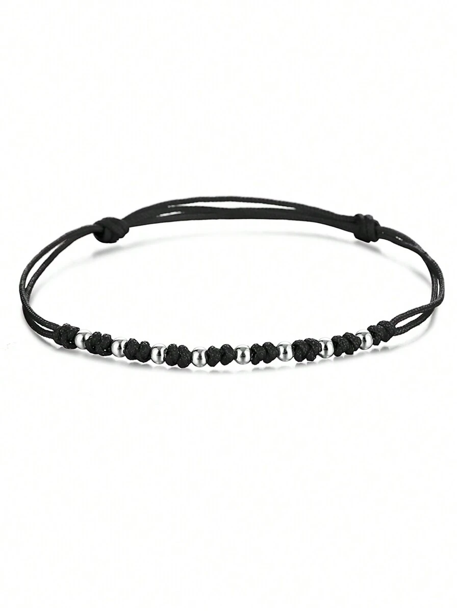 HuooNew 1pc Simple 925 Sterling Silver Bracelet Weaved With Black Rope, Adjustable Length, Suitable For Daily Wear - Black - View 1