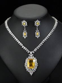 1 juego de 3 piezas de collar y aretes de circonita cúbica de estilo europeo; adecuado para bodas, banquetes y otras ocasiones de alta gama; decoraciones con forma de rectángulo y lágrima para ropa de mujer festiva