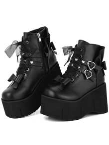 Giày bốt cổ ngắn cho nữ buộc dây dày mũi tròn khóa đinh tán thời trang giày bốt mô tô Punk Gothic ngày lễ tình nhân - màu đen - Xem 2