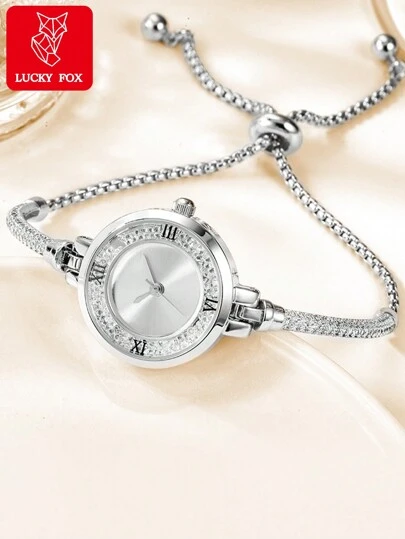  Luckyfox Quartz Watch For Women, Featuring Dry Battery, Fashionable And Elegant Design, Embedded Rhinestones, Luxurious Round Dial, Slim Chain Bracelet, Suitable For Daily Wear And As A Gift For Mother's Day. As A Gift For Students Returning To School