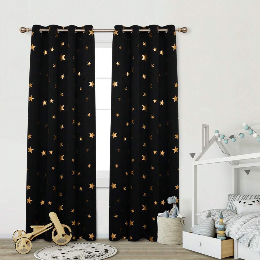 2 Pcs Deconovo Gold Star Foil Print Blackout Curtains, Thermal Insulated Curtain Panels For Living Room, Grommet Room Darkening Curtains For Kids' Room